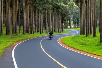 A road winding through a eucalyptus forest, with a cyclist leisurely riding under the tall trees