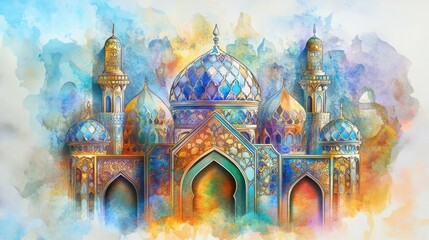 Obraz premium Magnificent Watercolor Painting of an Ornate Mosque with Intricate Details and Vibrant Colors