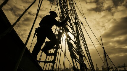 Sailor Climbing Rigging at Sunset Silhouette