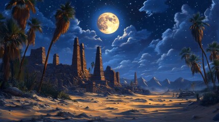 Naklejka premium Ancient Ruins Under a Full Moon in the Desert