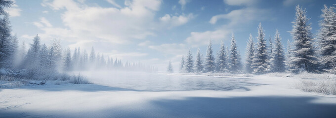 Obraz premium Snow covered pine trees with falling snowflakes