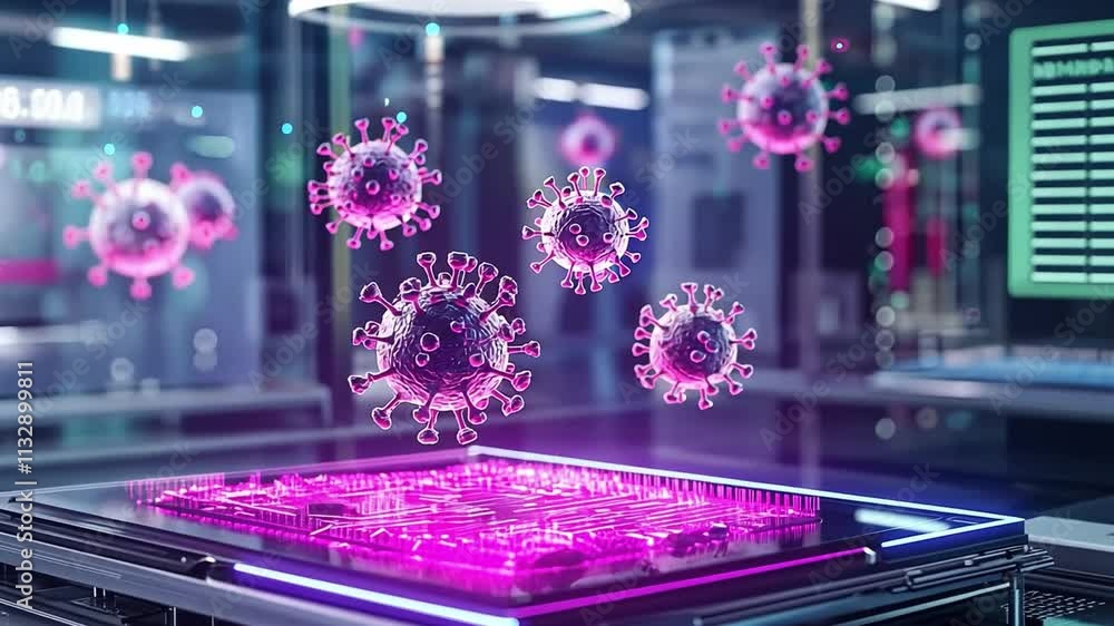 Poster innovative biocomputer technology displaying molecular structures of viruses in a high-tech lab envi