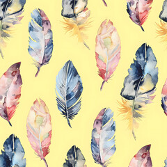 Colorful watercolor feathers are arranged in a seamless pattern on a yellow background. The design concept is nature-inspired and artistic