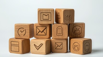 Obraz premium Wooden Blocks with Engraved Icons Stacked for Delivery or Display