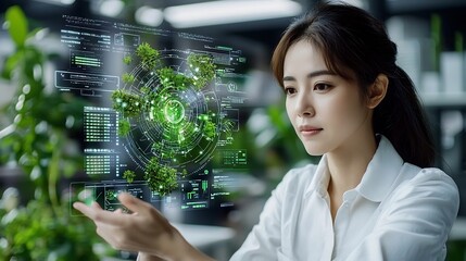 Financial Analyst Reviewing Renewable Energy Projects with Futuristic AI Driven Tools and Insights