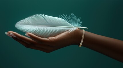 Elegant Female Hand with Gold Bracelet and White Feather – Premium Studio Photography on Green Background