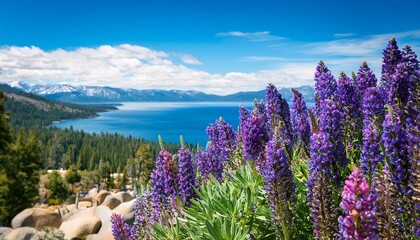 close up on bright purple blue flowers with lake tahoe clouds and mountains in background beautiful day summer travel california nature