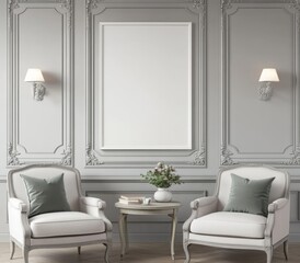 Elegant Living Room Interior with White Armchairs and Blank Frame Mockup