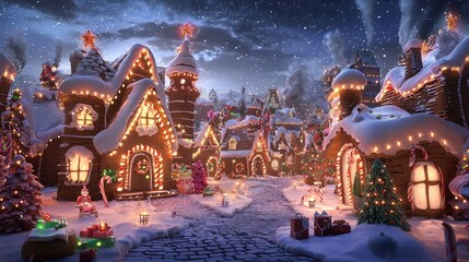 Fototapeta premium Whimsical Gingerbread Village Surrounded by Holiday Cheer and Lights