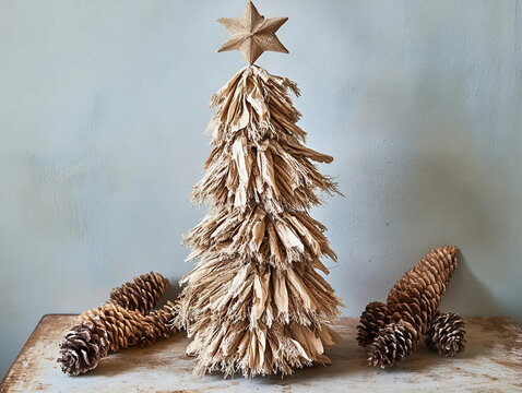 &Aacute;rbol de navidad r&uacute;stico hecho de rafia, esparto y madera