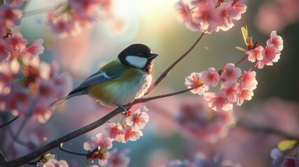 Fototapeta premium A beautiful bird on a cherry tree branch with a blurred background, AI generated image