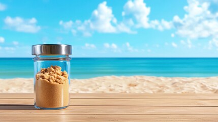 Obraz premium Glass jar with brown sugar on wooden table by the beach with calm ocean waves and bright blue skies, perfect for summer cooking and relaxation vibes