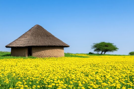A traditional Ethiopian tukul (circular hut) surrounded by fields of yellow meskel flowers in full bloom