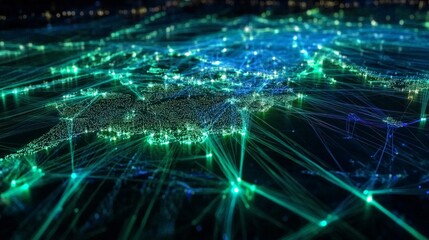 Obraz premium Dynamic network connections across europe visual data representation technology landscape nighttime view digital connectivity concept