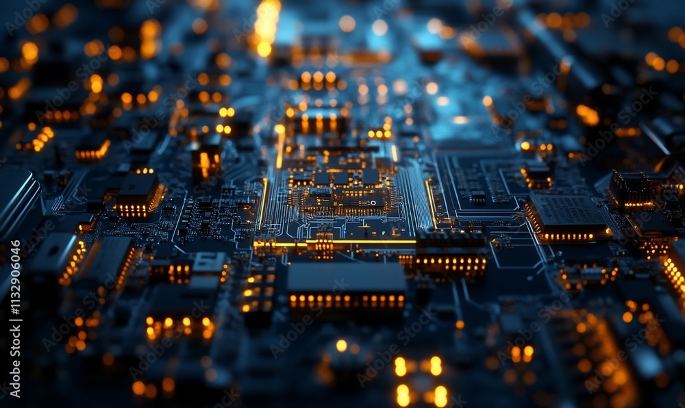 Aufkleber a close-up of a circuit board with glowing components and intricate details.