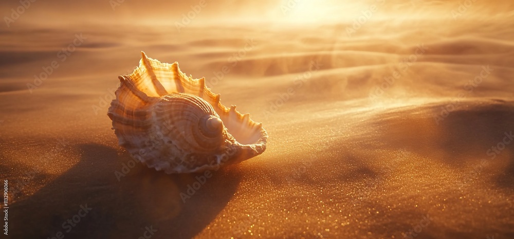 Aufkleber a beautiful seashell resting on a sandy beach during golden hour.