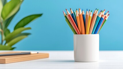 Obraz premium Colorful Pencils in White Cup on Bright Desktop with Green Plant and Wooden Tablet, Perfect for Creative Projects and Artistic Inspiration