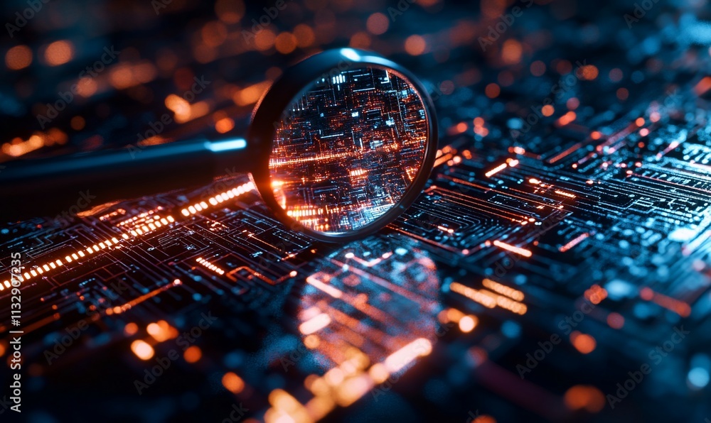 Aufkleber a close-up view of a circuit board with a magnifying glass highlighting details.