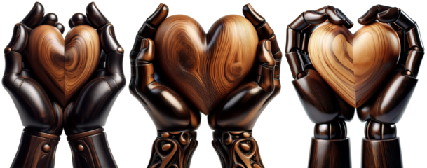Extreme close-up of wooden hands (cupped hands of a mannequin) holding a brown wooden heart, isolated on transparent or white background with copy space. Png. Collection and variation. Generative Ai.