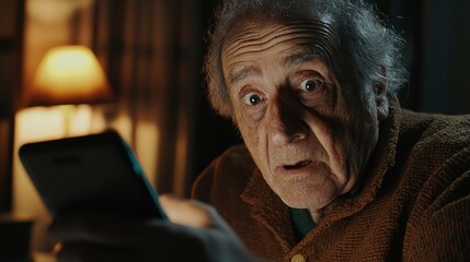 Fototapeta premium Elderly Man Surprised by Smartphone Screen in Dimly Lit Room