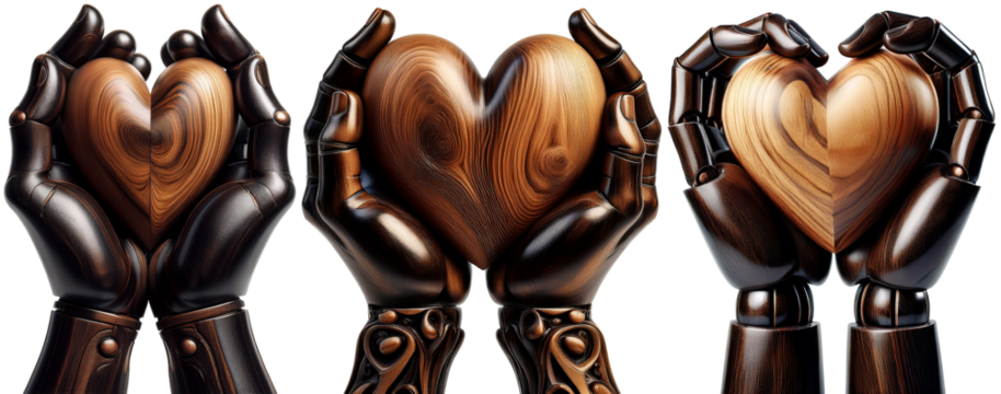 Extreme close-up of wooden hands (cupped hands of a mannequin) holding a brown wooden heart, isolated on transparent or white background with copy space. Png. Collection and variation. Generative Ai.