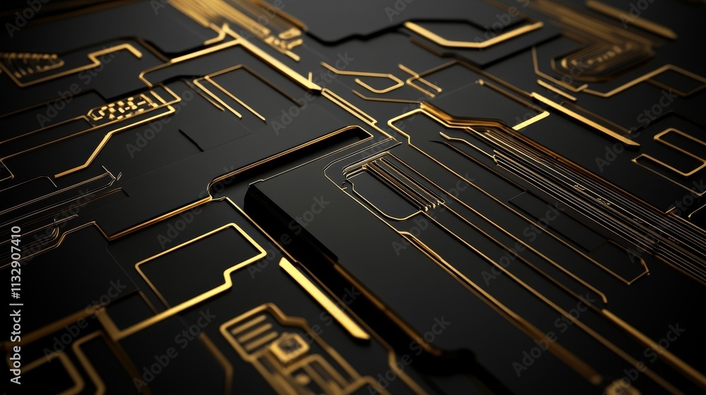Poster abstract digital circuit design with gold lines on a black background.