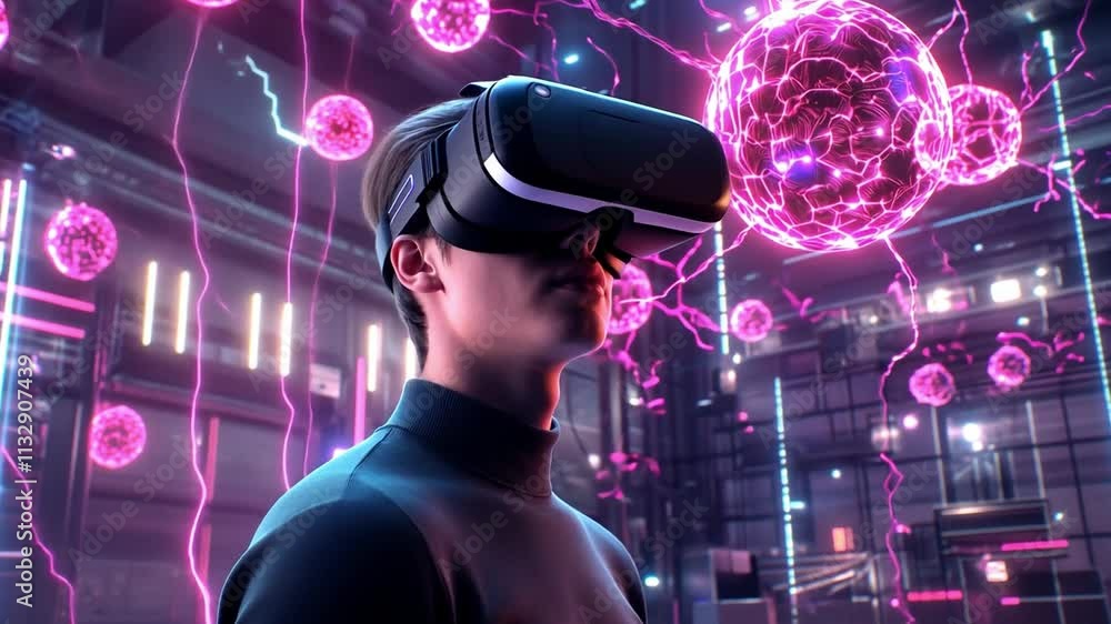 Poster man exploring biocomputing technology with virtual reality in a futuristic lab environment