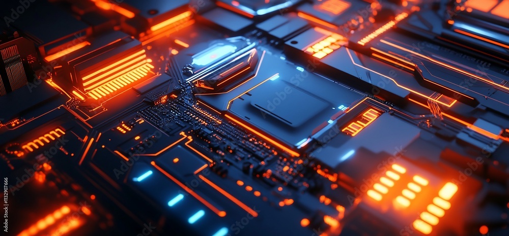 Poster a close-up view of a futuristic circuit board with glowing elements.