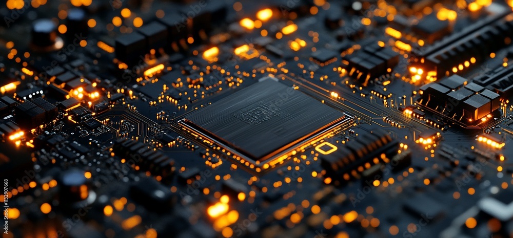 Poster A close-up view of a circuit board with glowing components and a central chip.