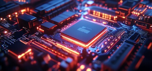Fototapeta premium A close-up view of a circuit board with glowing components and a processor.