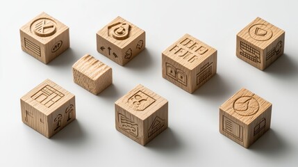 Fototapeta premium Engraved Wooden Blocks with Iconic Storefront Symbols on Display