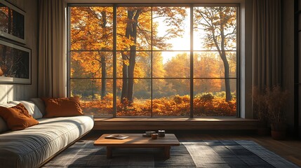 Fototapeta premium A warm rustic hotel living room with a soft linen couch, a wooden bench repurposed as a coffee table, and a large window framing a scenic view of a vibrant autumn forest,