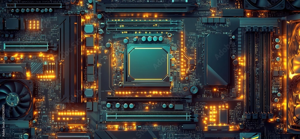 Poster A close-up view of a circuit board with glowing components and connections.