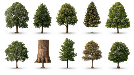 Fototapeta premium Collection of Trees: A diverse and comprehensive collection of trees, showcasing different species, sizes, and stages of growth. Perfect for projects related to nature, forestry.