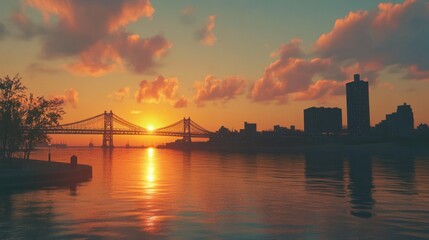 Obraz premium A serene sunset over a city skyline with a bridge reflecting on calm waters.