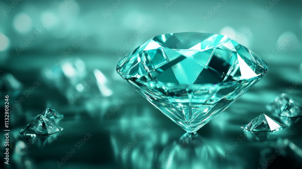 Poster a sparkling diamond surrounded by smaller gems on a reflective surface.