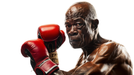 Professional african senior male boxer in gloves exercises punches on white background
