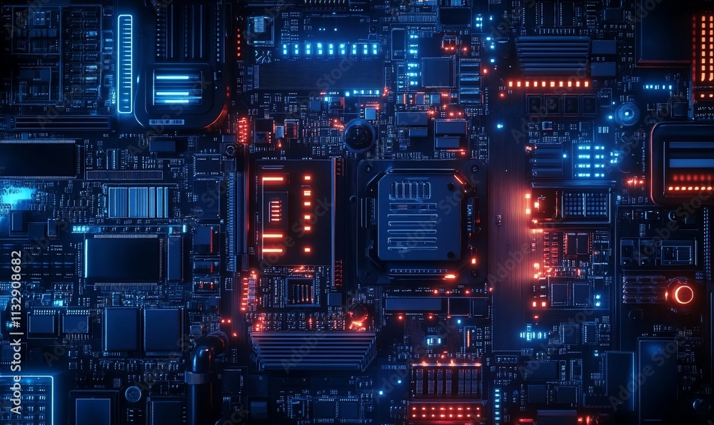 Poster A close-up view of a futuristic circuit board with glowing components.