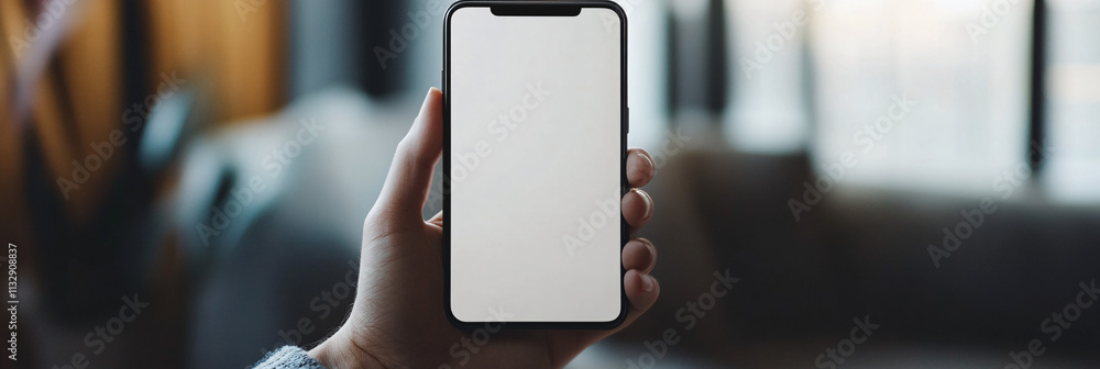 Poster a close-up shot of a hand holding a smartphone with a blank screen, ready for a mobile app mockup or