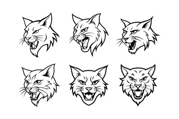 Various styles of a bobcat's logo, labeled line art vector design illustration.