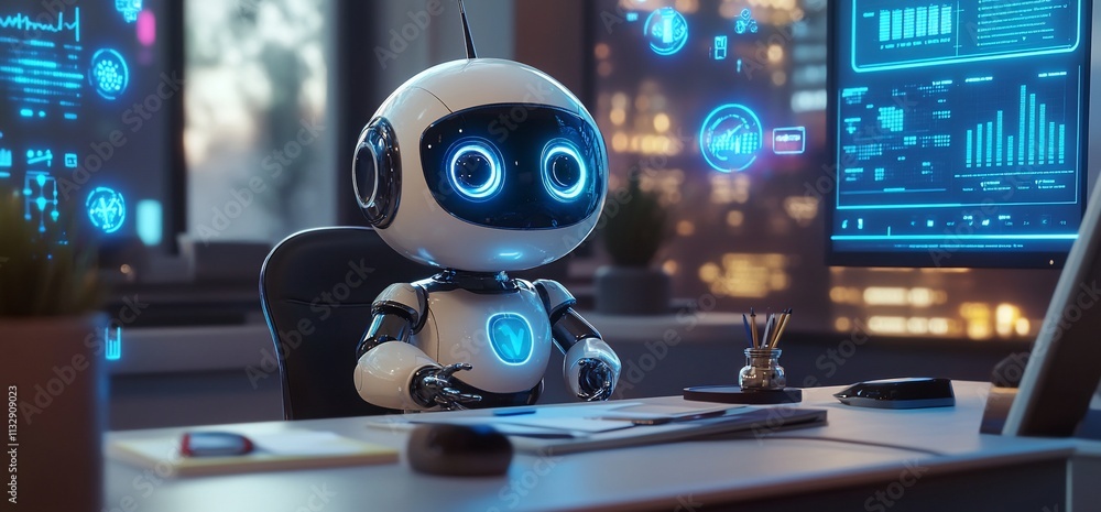 Poster A cute robot sitting at a desk with screens displaying data and graphs.