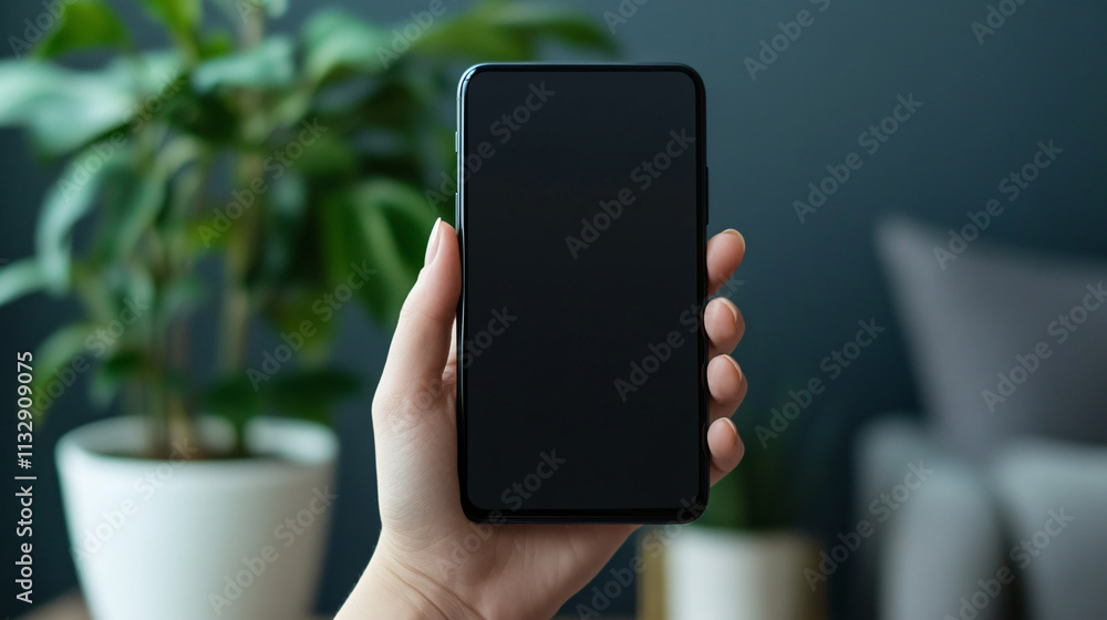 Poster a close-up shot of a hand holding a smartphone with a blank screen, ready for a mobile app mockup or