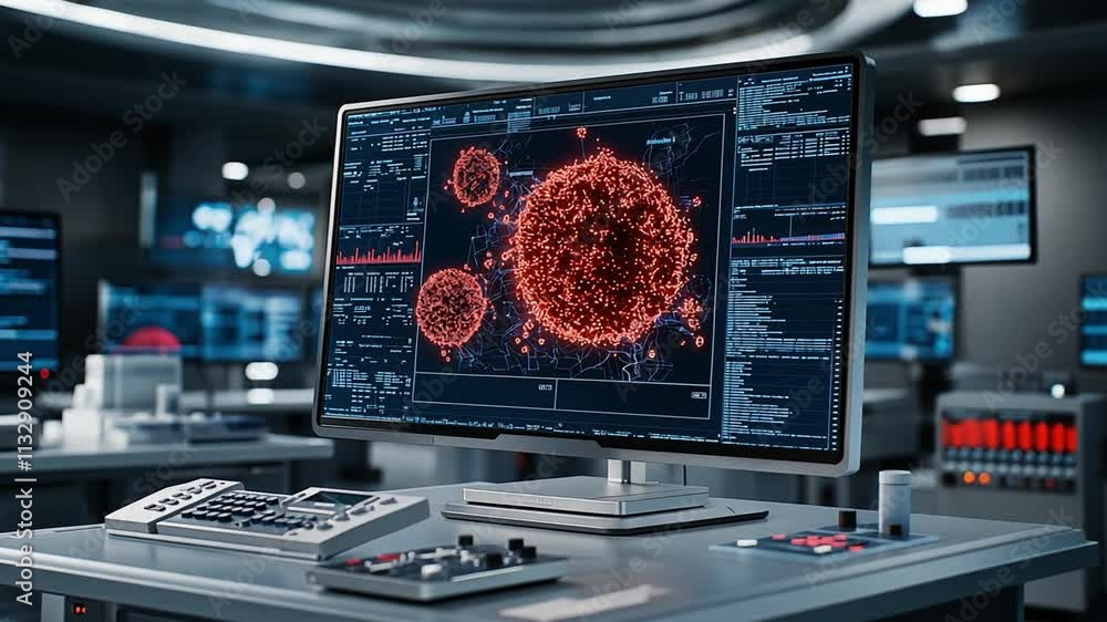 Poster innovative biocomputer technology displays intricate cellular patterns in a modern laboratory settin