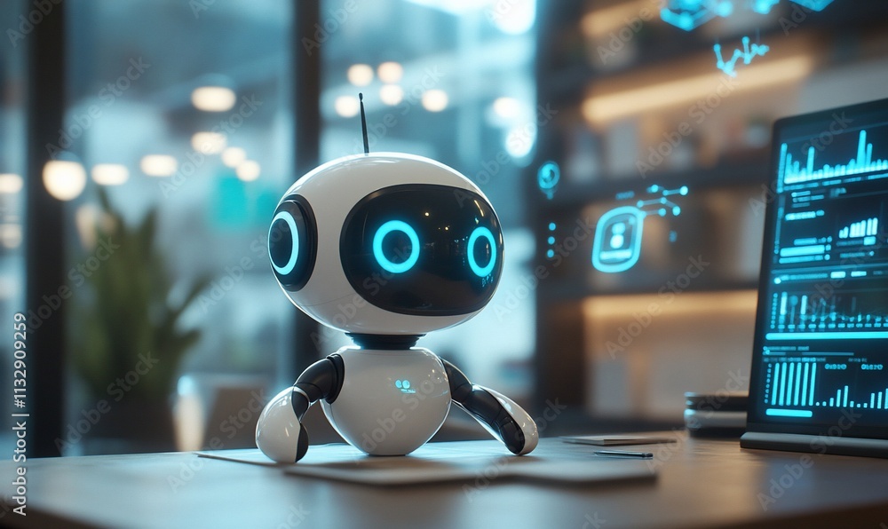 Poster A cute robot sits at a desk with a computer, surrounded by digital data.