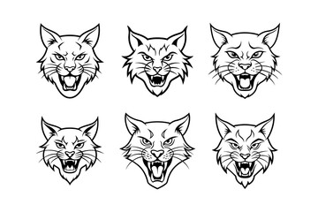 Obraz premium Various styles of a bobcat's logo, labeled line art vector design illustration.