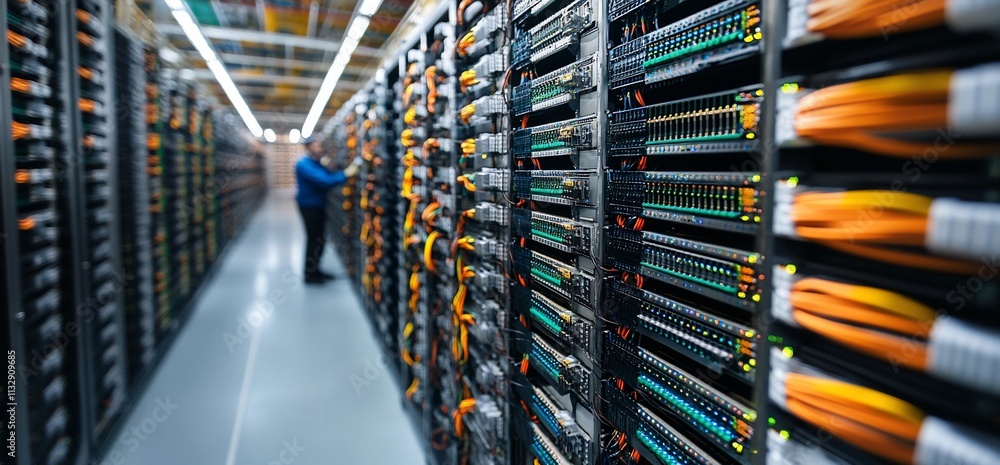 Poster A data center filled with servers and network cables for computing tasks.