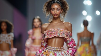 Models confidently strut down the runway wearing stunning mocha outfits adorned with lively patterns. The ambiance is electric as the audience admires the trendy designs