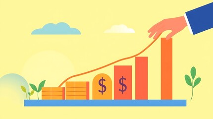 Obraz premium Growing Profits: A hand reaches towards a bar graph of increasing profits, symbolic of financial growth and business success. 