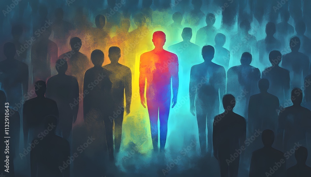 Poster a striking representation of individuality amidst a sea of shadows: a colorful figure illuminates a 