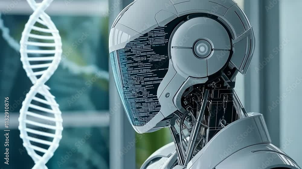Poster a sleek robot stands in a modern lab, featuring a digital interface displaying data alongside a dna 